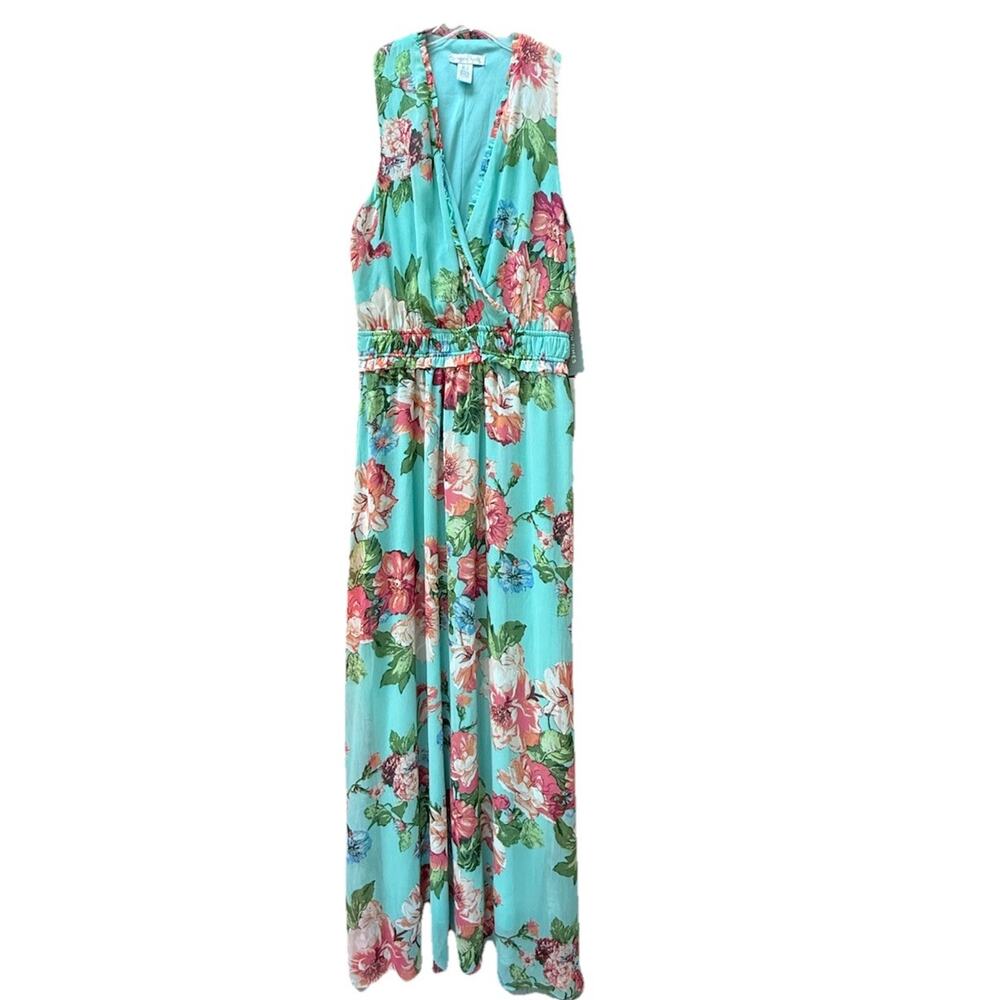 NWT London Times Sleeveless Teal Floral V Maxi Dress‎ Size 4 NEW Wedding Shower